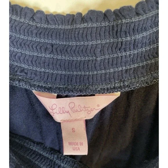 Lilly Pulitzer Almeria Navy Blue Smocked Off Shoulder Blouse Top Women’s Small - Picture 3 of 8